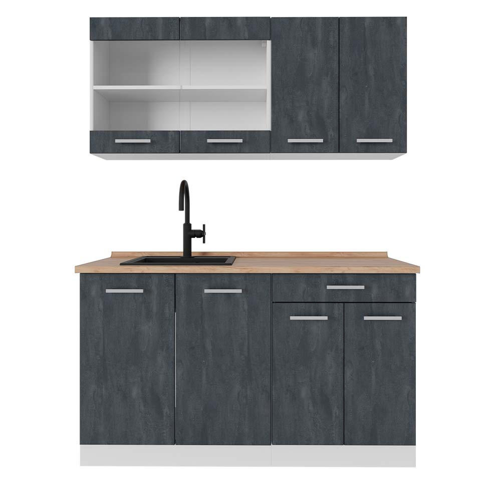 KÜCHENZEILE KÜCHE R-Line Schwarz Beton/Weiß 140 cm AP Eiche - Schwarz/Weiß, Holzwerkstoff (140/81.6/60cm) - Vicco