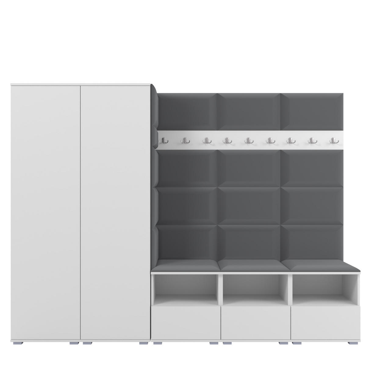 GARDEROBE NELA VII 250 cm (Modulare Flurmöbel XL Weiß mit Sitzpolster Dunkelgrau 15 2 Schränke) - Dunkelgrau/Silberfarben, Holz/Holzwerkstoff (250/187/40cm) - Ravio