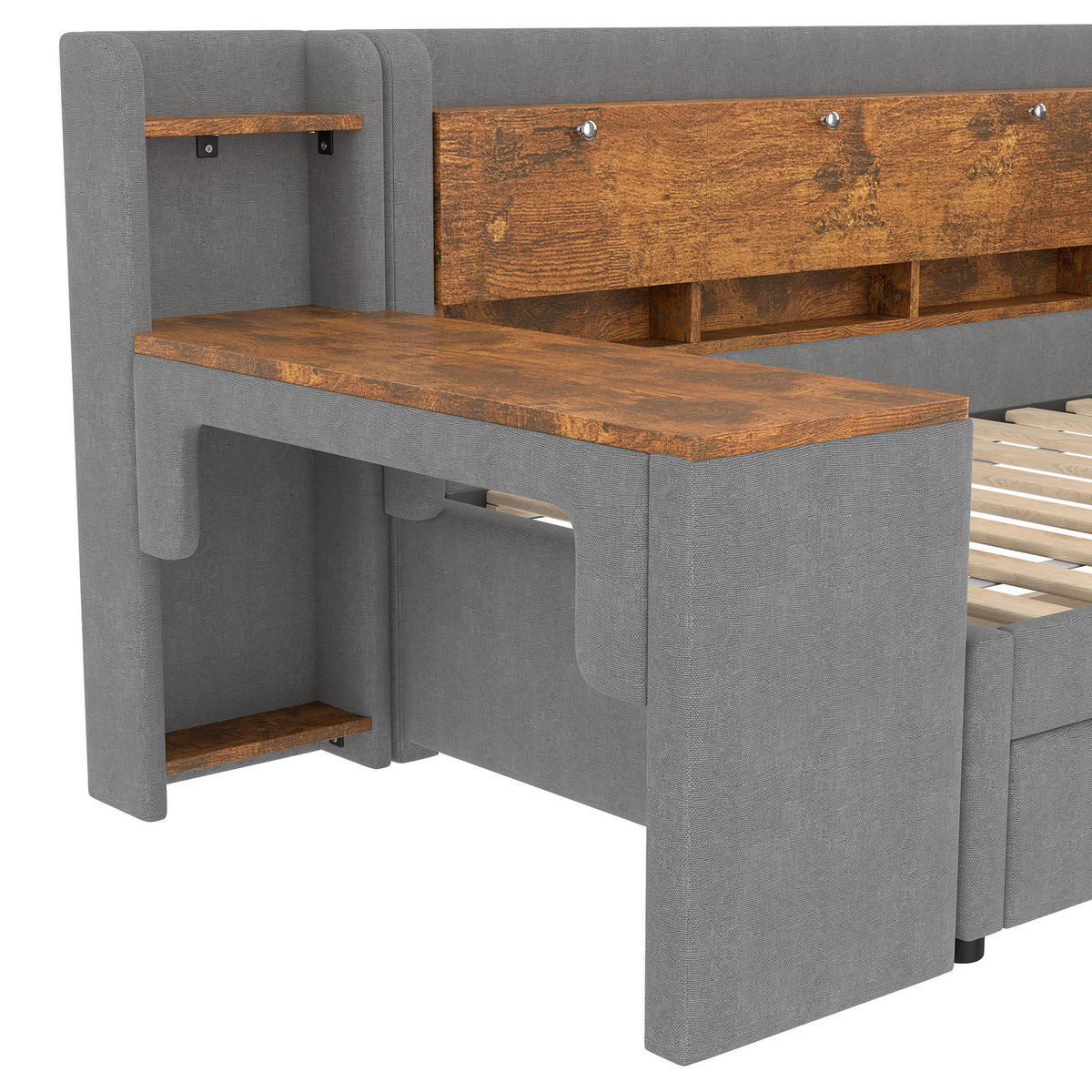 TAGEBETT 90x200cm Grau Leinen 2 Schubladen Schreibtisch USB-C - Grau, Holz (90/200cm) - FLIEKS