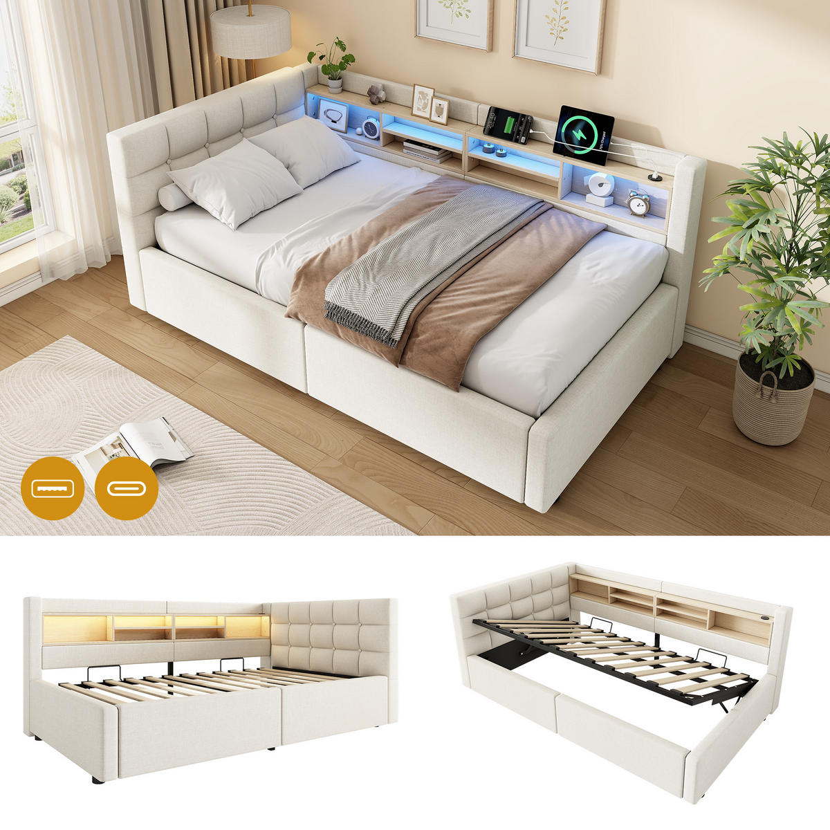 TAGESBETT 90x200cm Schlafsofa Hydraulik LED USB Beige - Beige, Naturmaterialien (90/200cm) - FLIEKS