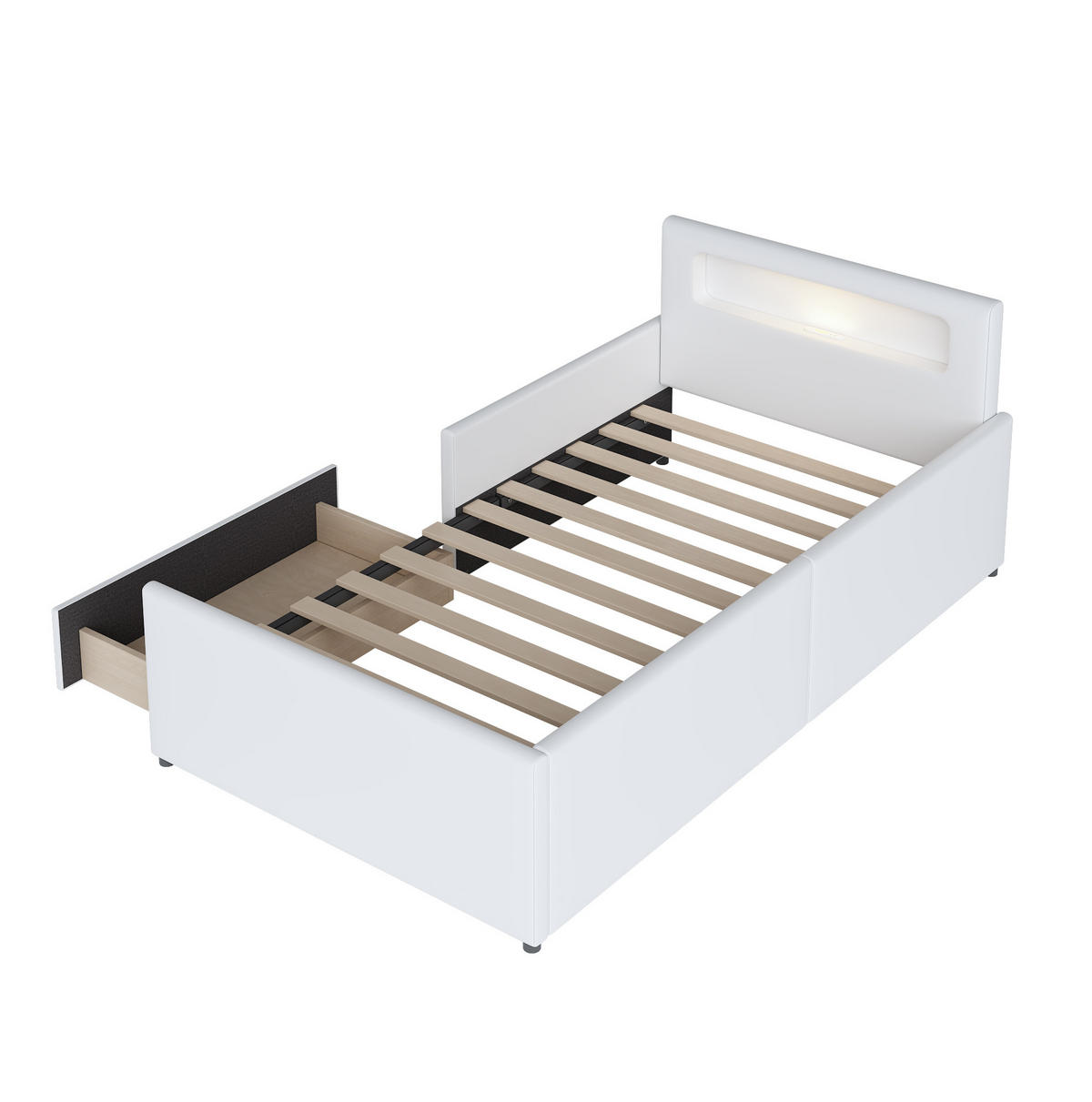 POLSTERBETT 90/200 cm Weiß mit LED-Beleuchtung, USB-Anschluss und Schublade - Weiß, Textil (90/200cm) - Flora Grace