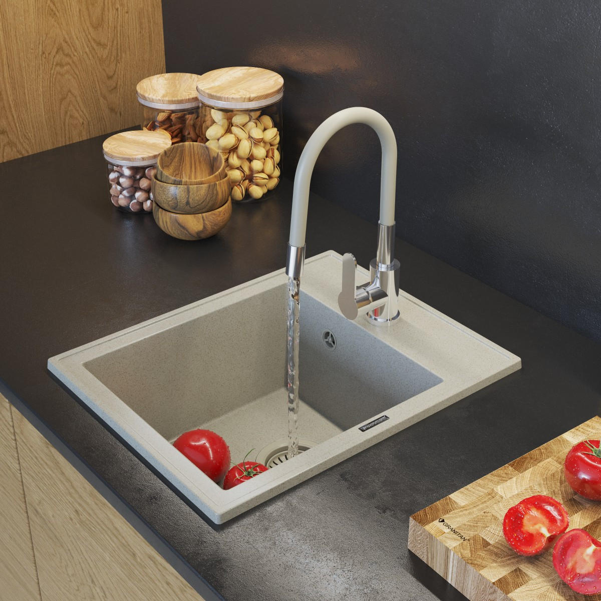 GRANITSPÜLE Nero mit Batterie und Siphon - Beige, Kunststoff/Stein (50/20/40cm) - Granitan