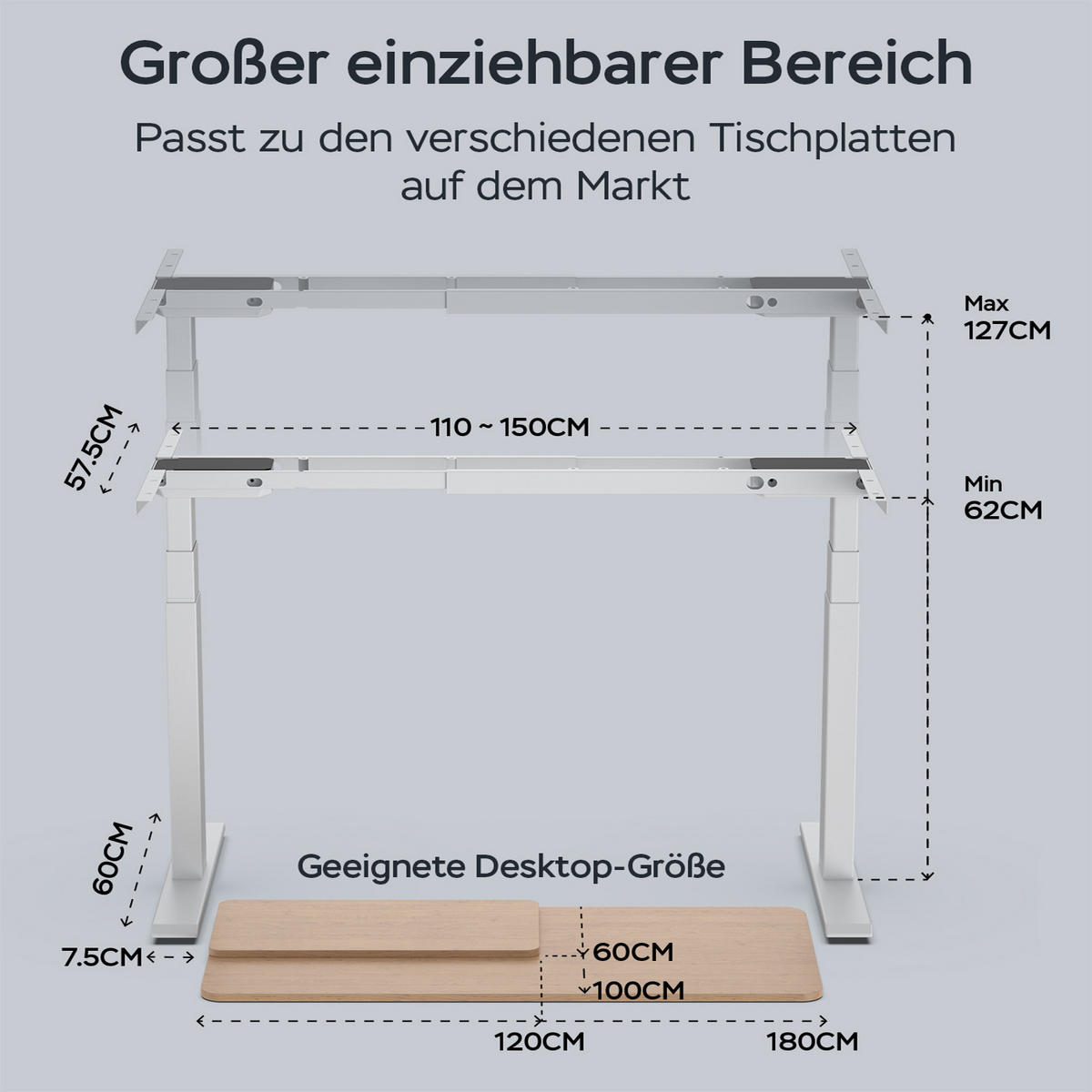 SCHREIBTISCH-GESTELL DE-37154 elektrisch höhenverstellbar mit Dual-Motor und LED Weiß - Weiß, Metall (150/57.5/127cm) - ComfortXL