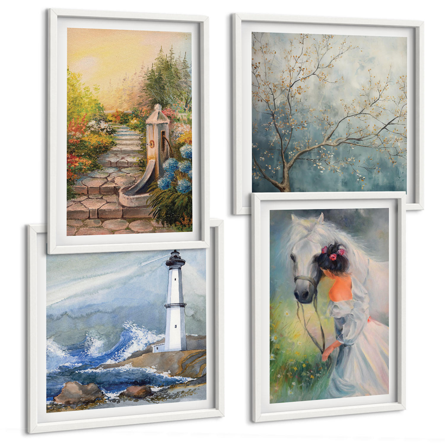 BILDER SET 4er Set - 50x50 cm & 40x60 cm Weißer Rahmen - Leuchtturm, Landschaft, Mädchen, Pferd - Weiß, Kunststoff (50/50cm) - TULUP