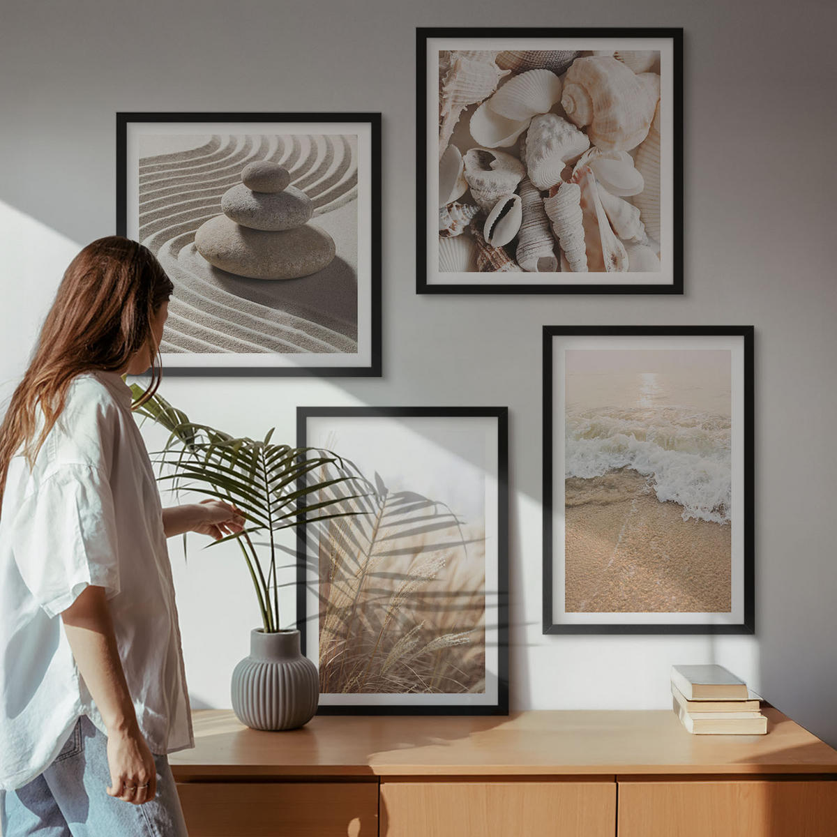 WANDBILDER 4er-Set - 50x50 cm & 40x60 cm Schwarzer Rahmen - Strandmotive, Muscheln, Wellen - Schwarz, Kunststoff (50/50cm) - ArtPrintCave