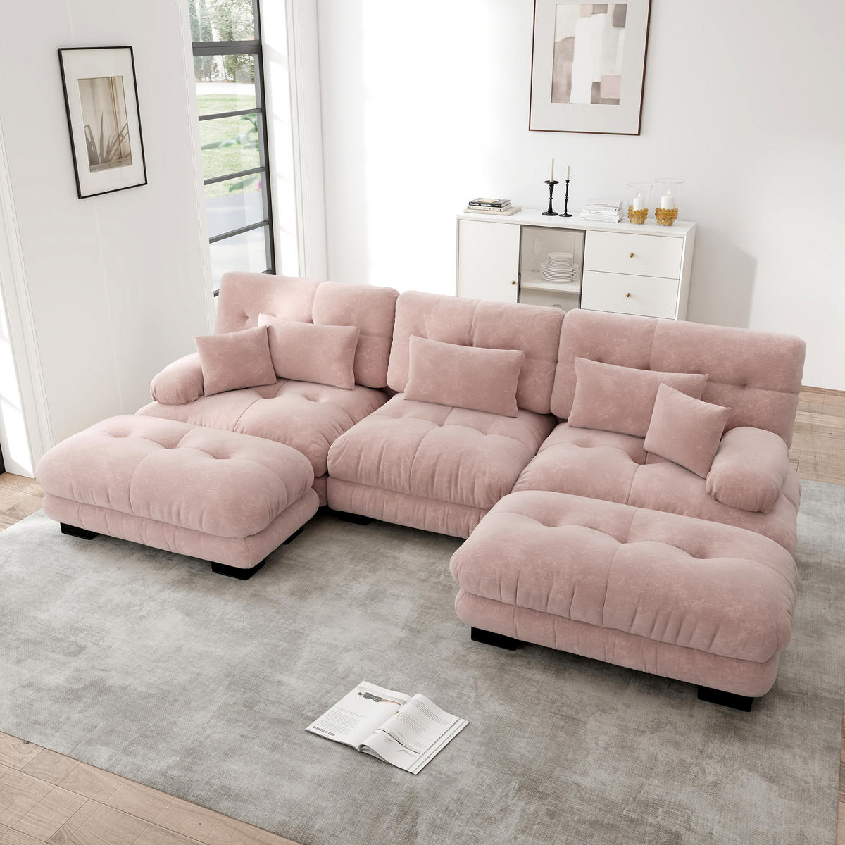 WOHNLANDSCHAFT Chenille Pink mit Ottomane - Rosa, Textil (313/81/145cm) - WISHDOR