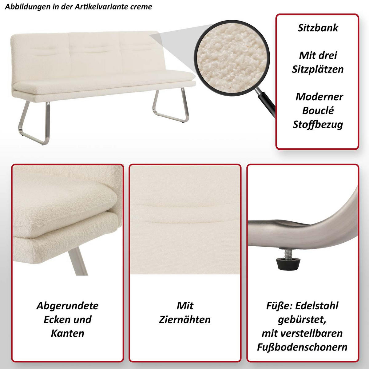 SITZBANK Cremeweiß - Weiß, Textil (180/93/58cm) - MCW