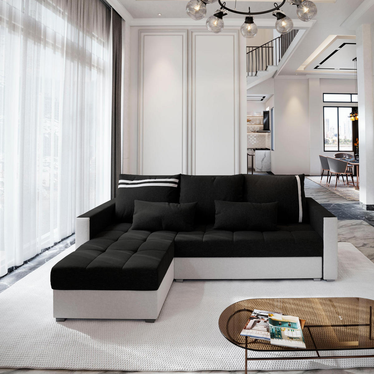 ECKSOFA KOS PIK Schwarz Dünner Stoff mit Schlaffunktion - Schwarz/Weiß, Holz (220/140cm) - MASSENO