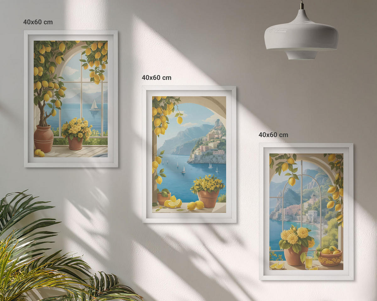 BILDER SET 3er Set - 40x60 cm Weißer Rahmen - Meereslandschaften, Zitronen, Fenster - Weiß, Kunststoff (40/60cm) - TULUP