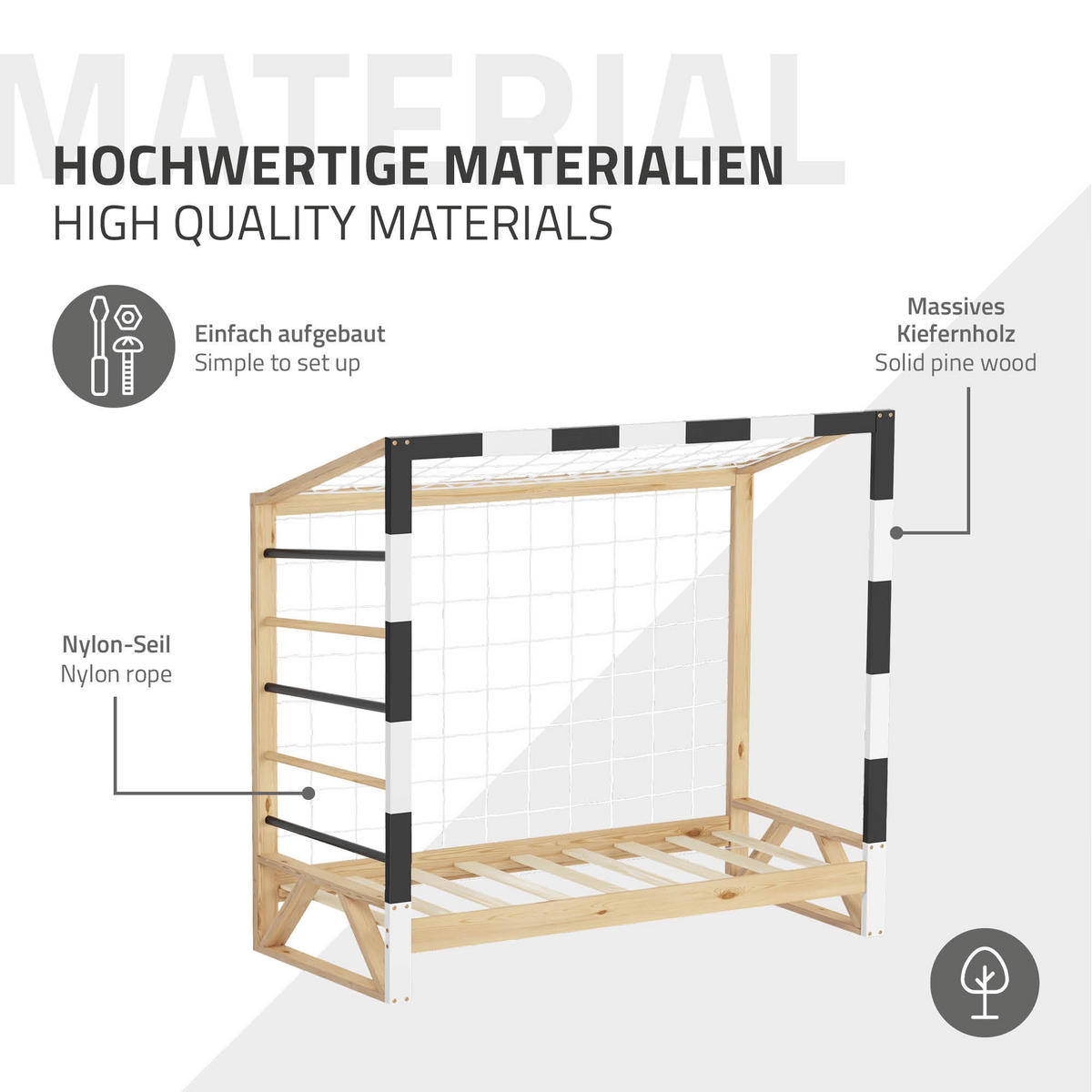 KINDERBETT Fußballtor 70x140 cm Schwarz-Weiß - Hellbraun, Holz (70/150cm) - ML-DESIGN