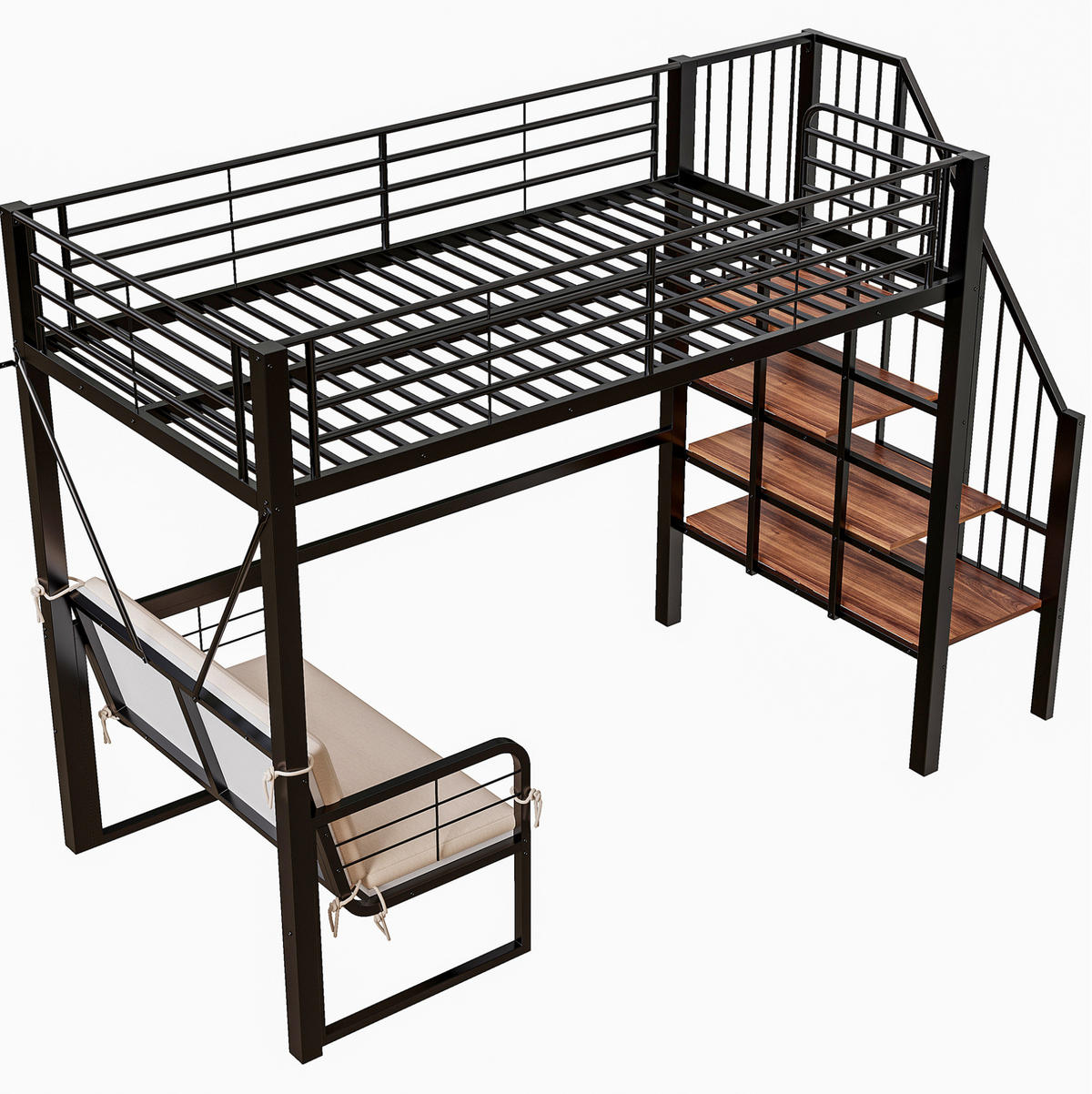 ETAGENBETT 90/200 cm, Schwarz mit Stauraumleiter und Polstersofa - Schwarz, Metall (90/200cm) - MIVRAY