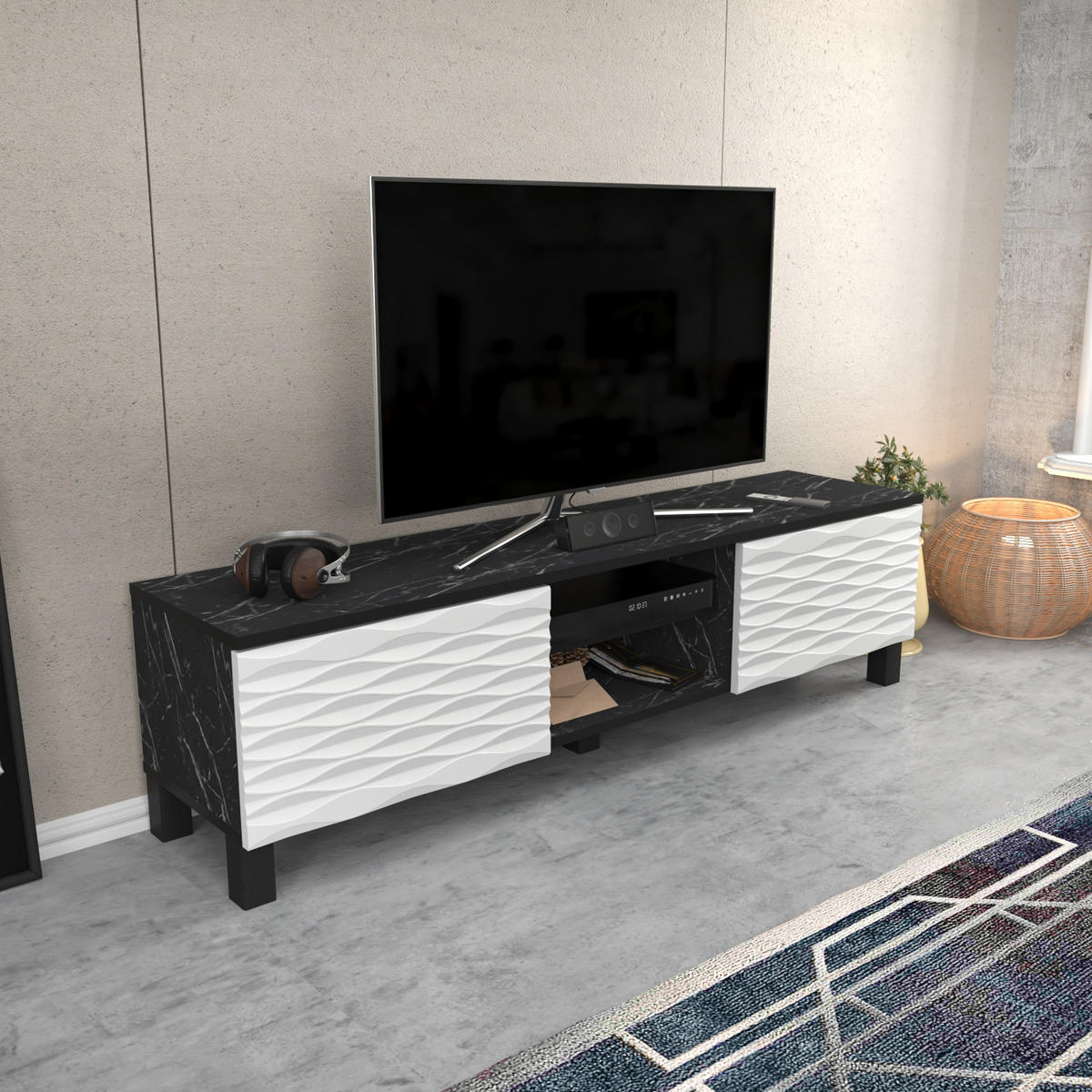 TV-ELEMENT Lukas Schwarzer Marmor Weiß - Schwarz/Weiß, Holzwerkstoff (150/40.3/35cm) - Decorotika