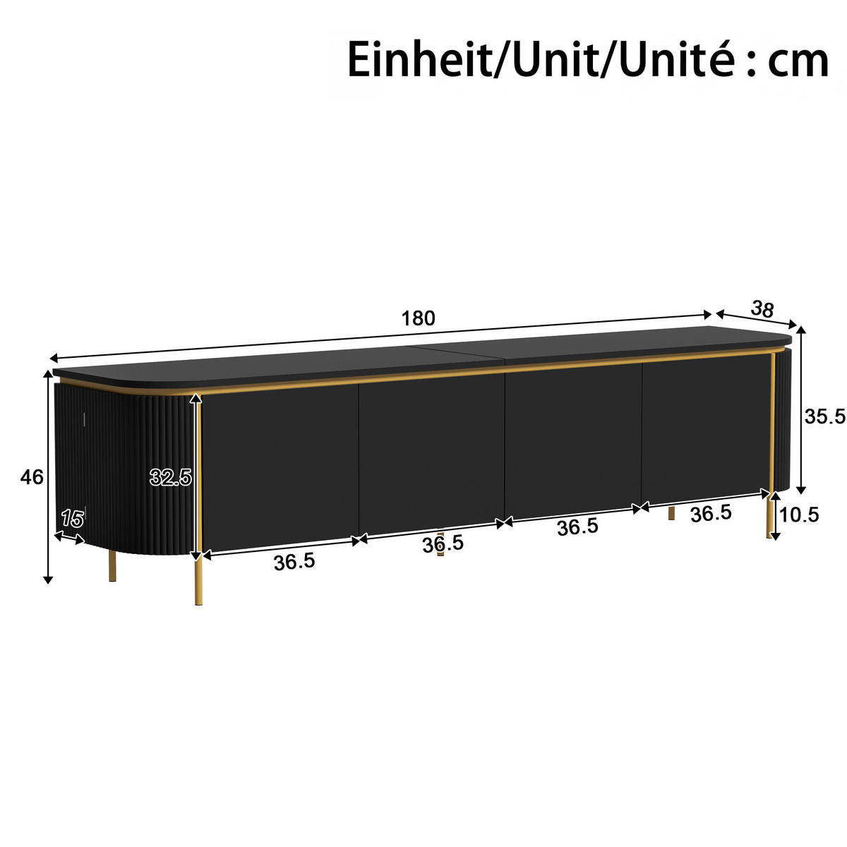 TV-LOWBOARD 180cm MDF Riffel-Optik 6 Türen Gold-Details - Schwarz, Holzwerkstoff (180/46/38cm) - Urban Meuble