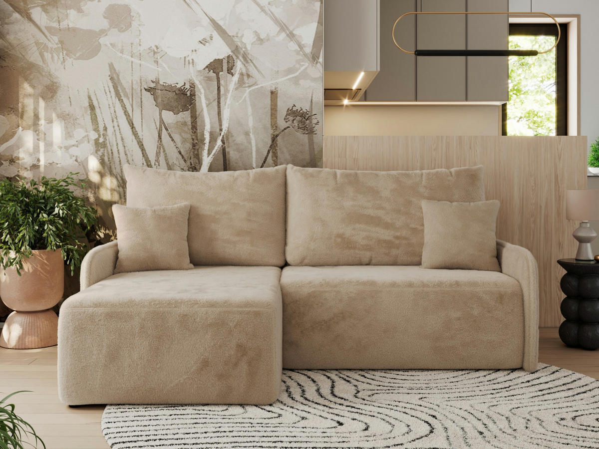 ECKSCHLAFSOFA ARPA L Beige Plüsch - links - Beige/Schwarz, Kunststoff/Textil (198/150cm) - MKS