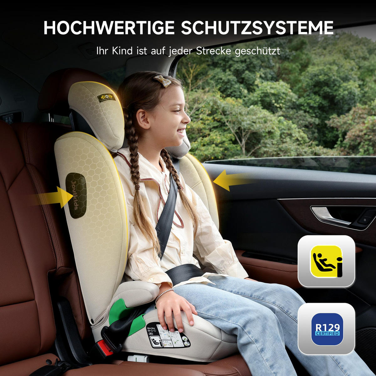 AUTOKINDERSITZ Kindersitzerhöhung i-Size R129& Verstellbare Kopfstütze - Weiß, Textil (44/80/46cm) - Gisaae