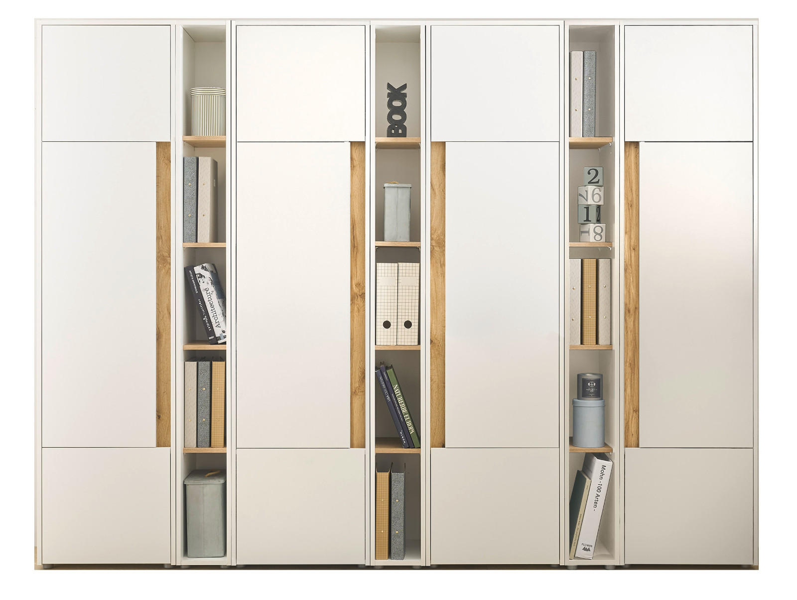 AKTENSCHRANK Set 7-teilig weiß matt, Eiche Wotan 260 x 200 cm, Schrank-Regal-Kombination mit 35 Fächern - Eichefarben/Silberfarben, Holzwerkstoff/Kunststoff (260/200/40cm) - Furn.Design