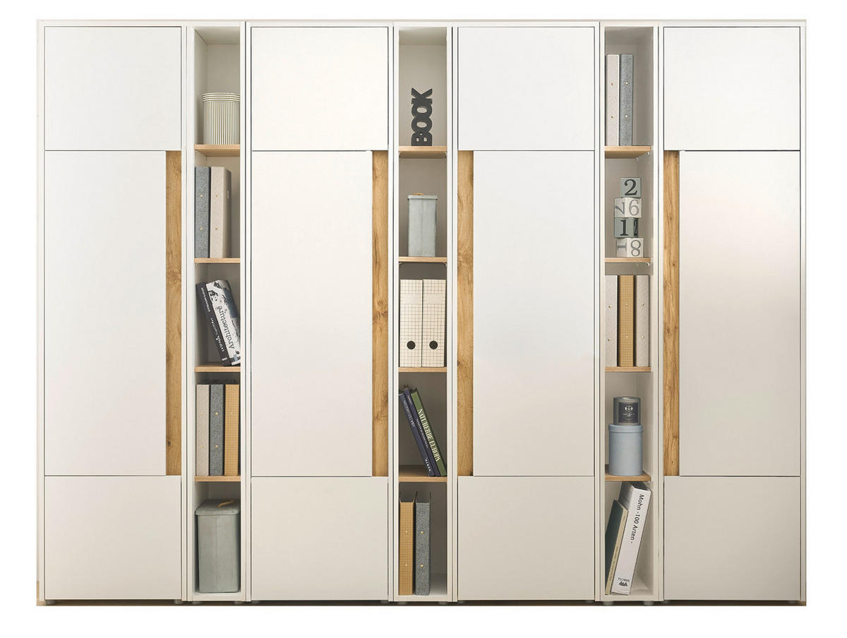 AKTENSCHRANK Set 7-teilig weiß matt, Eiche Wotan 260 x 200 cm, Schrank-Regal-Kombination mit 35 Fächern - Eichefarben/Silberfarben, Holzwerkstoff/Kunststoff (260/200/40cm) - Furn.Design