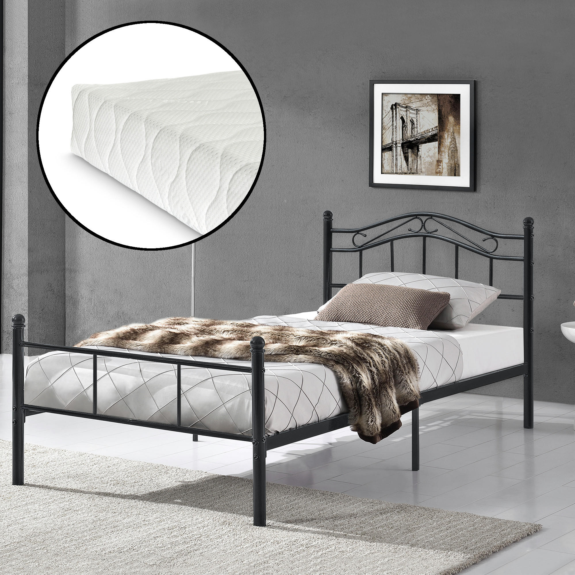METALLBETT Florenz mit Matratze - Schwarz, Textil/Metall (120/200cm) - [en.casa]