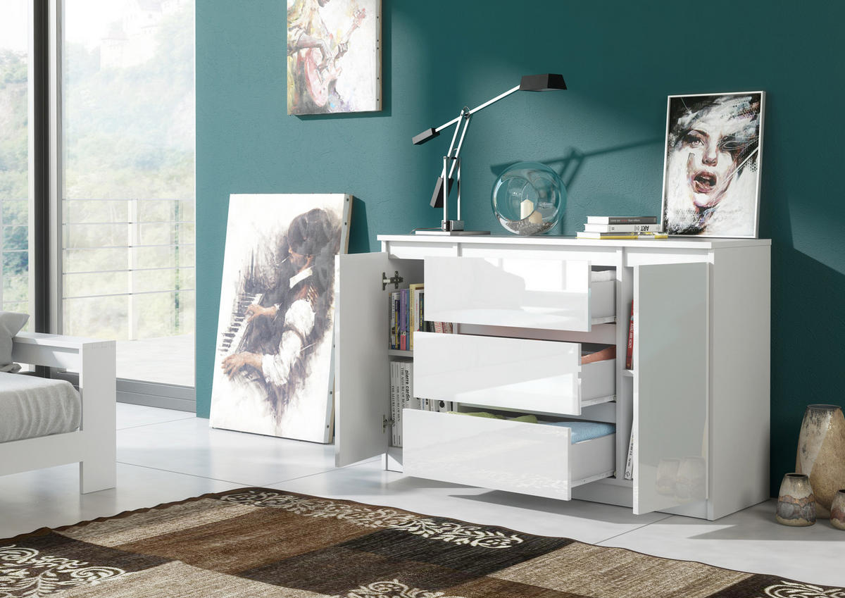 KOMMODE NUDO 120/78,5/39cm mit 3 Schubladen 2 Türen Weiß - Weiß Hochglanz/Weiß, Holzwerkstoff (120/78.5/39cm) - MASSENO