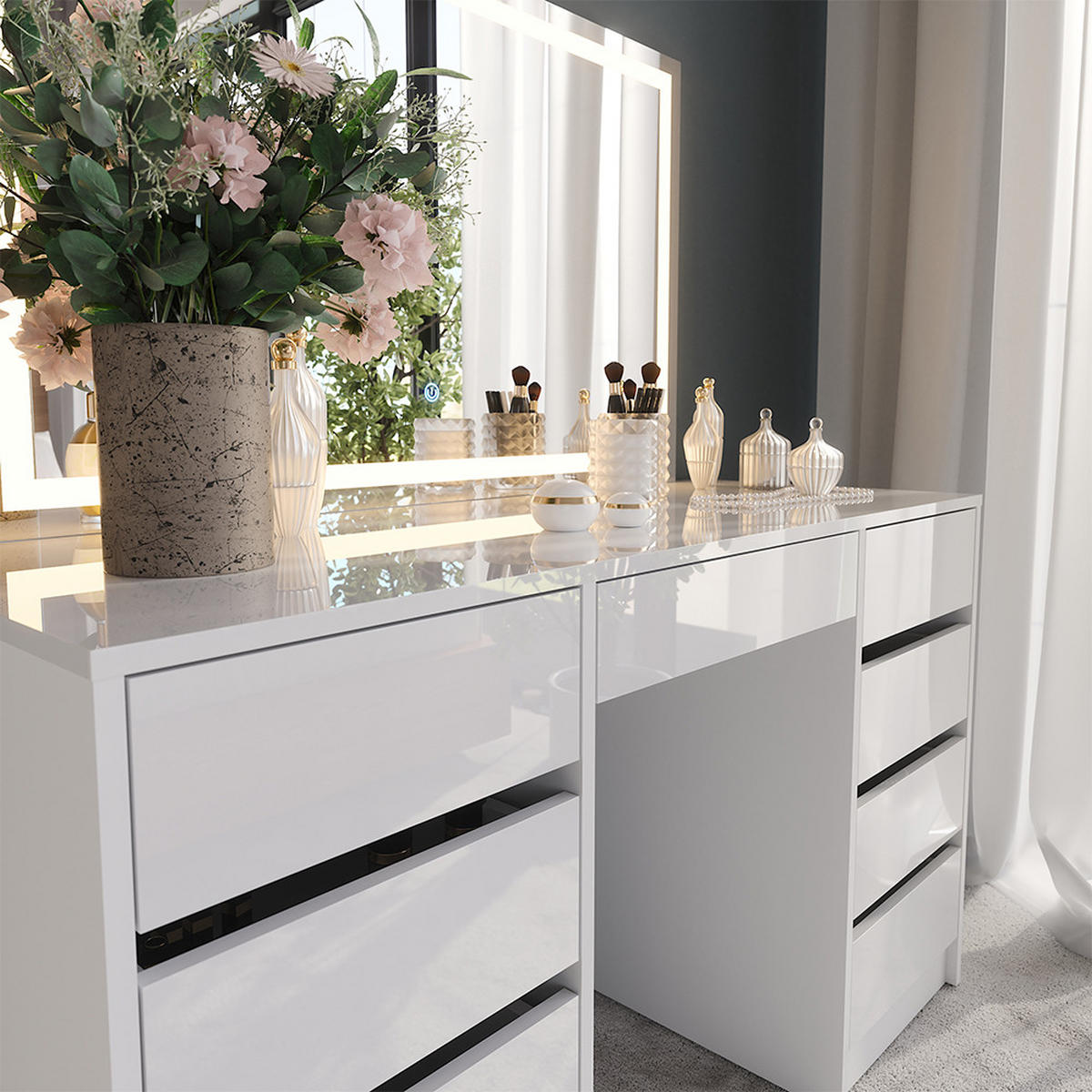 SCHMINKTISCH Sherry Weiß/Weiß Hochglanz 128.2 cm mit LED-Spiegel - Weiß Hochglanz, Holzwerkstoff (128.2/76/50.1cm) - Vicco