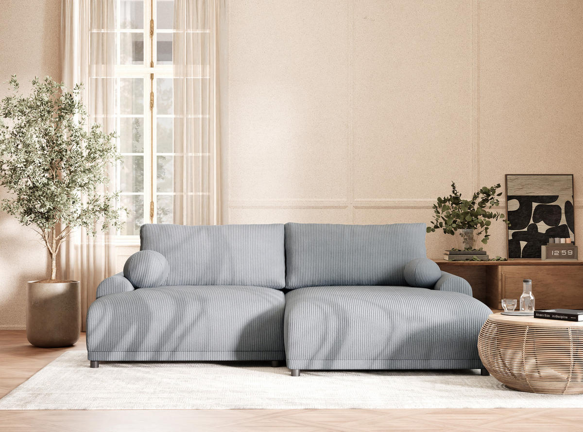 ECKSOFA MIT SCHLAFFUNKTION Tallin Hellgrau Samtstoff - Blaugrau/Schwarz, Holz/Holzwerkstoff (240/145cm) - Maison de Reve