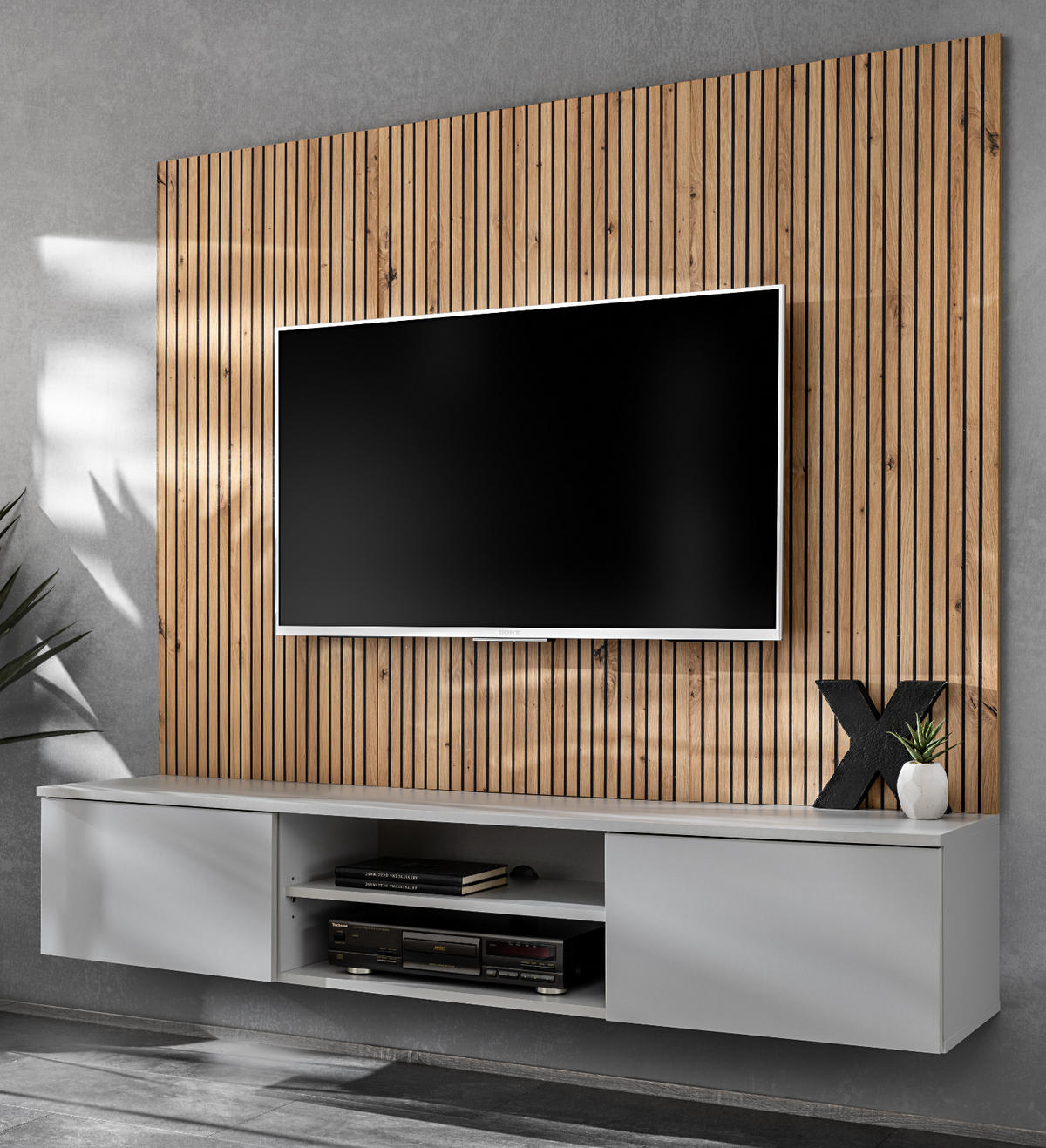 TV-LOWBOARD grau, Eiche Artisan 160 cm, TV-Unterschrank mit Akustikpaneel - Hellgrau/Eiche Artisan, Glas/Holzwerkstoff (160/148/35cm) - Inn.Furn