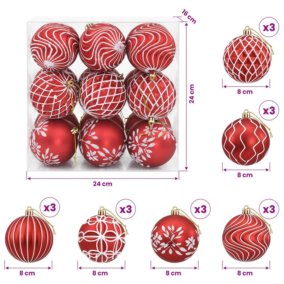 WEIHNACHTSKUGELSET XL 18 -teilig 8 cm Rot Polystyrol - Rot, Kunststoff (8/8/8cm) - vidaXL