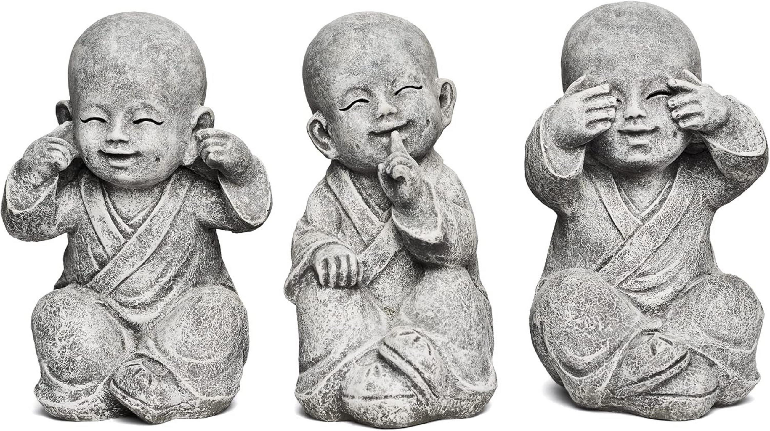 STEINFIGUR 3er Set Shaolin Mönche Nichts sehen, Nichts hören, Nichts Sagen, Steinguss - Grau, Stein (8/16/10cm) - stoneandstyle