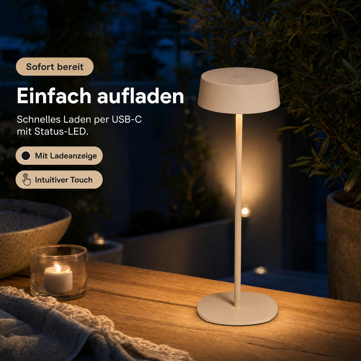 LED-TISCHLEUCHTE - dimmbar, kabellos, IP54, Metallgehäuse, für Innen- und Außenbereich, beige, höhenverstellbar - Beige, Metall (13.5/13.5/36cm) - Northpoint