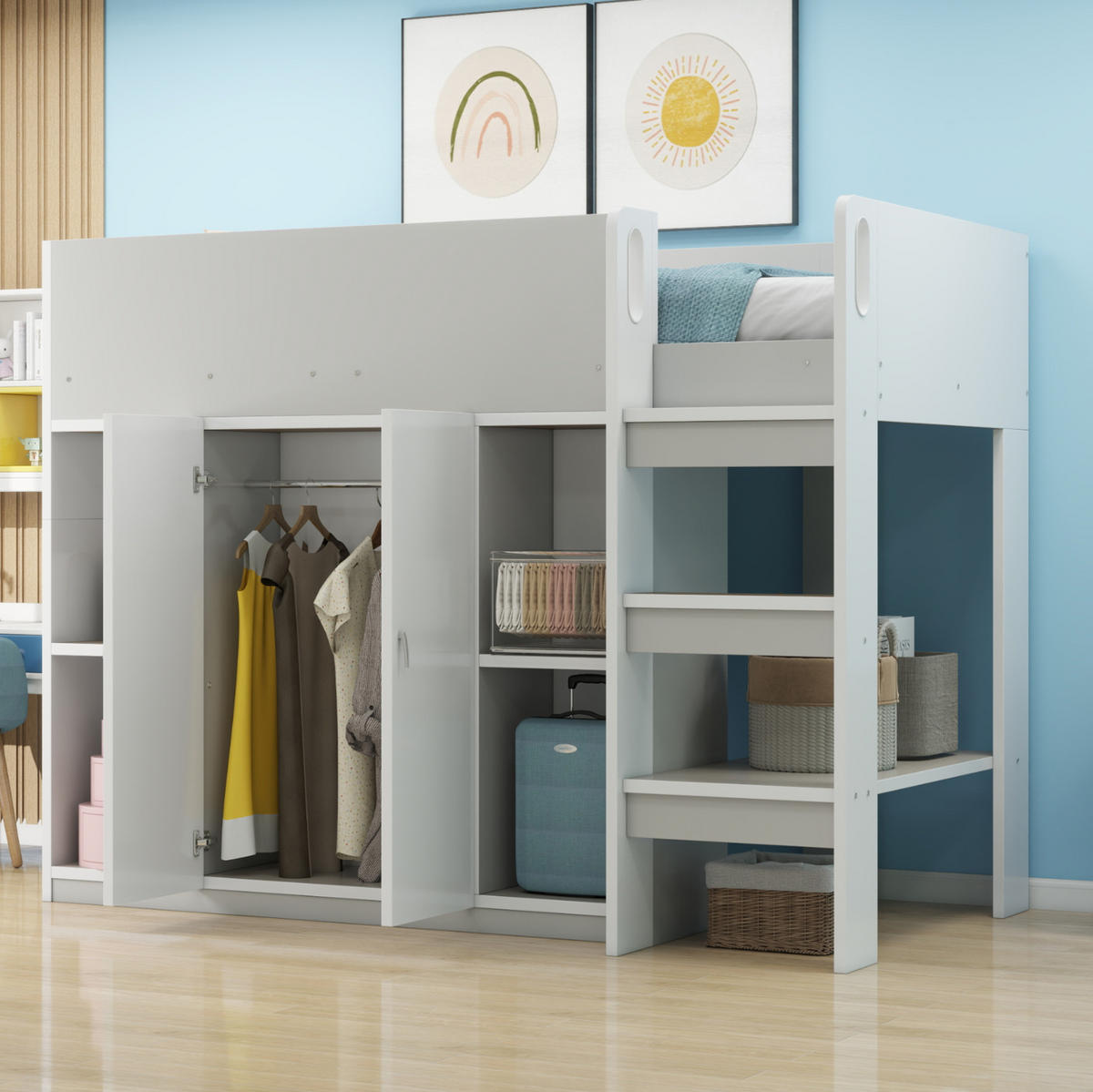 HOCHBETT 90/200 cm mit Leiter, Schrank und Regalen aus Holzwerkstoff, Grau/Weiß - Grau, Holzwerkstoff (90/200cm) - Redom