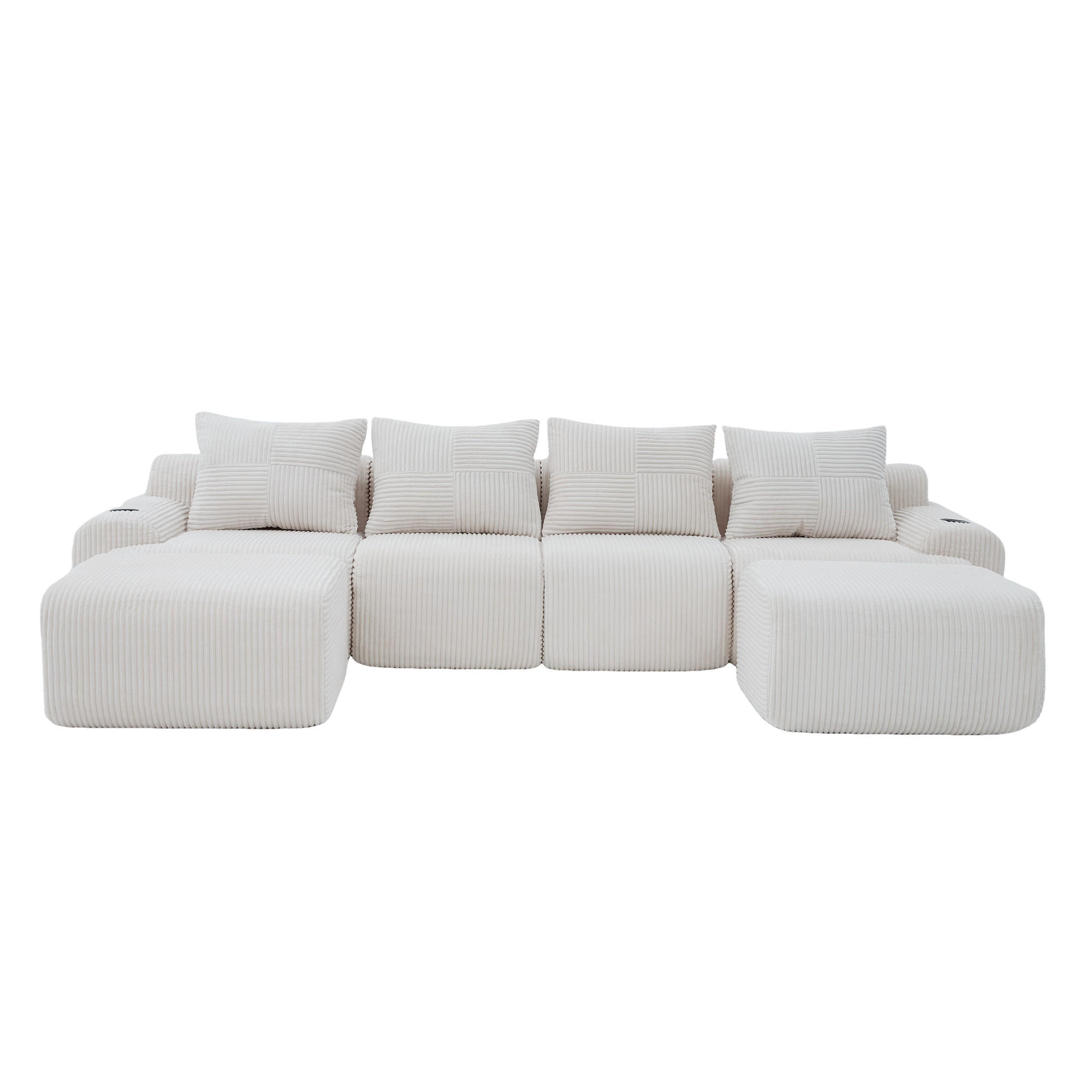 WOHNLANDSCHAFT 4-Sitzer Cord Beige mit Getränkehalter, Aufbewahrungstasche und mit Hocker - Beige, Textil (333/80/174cm) - WISHDOR