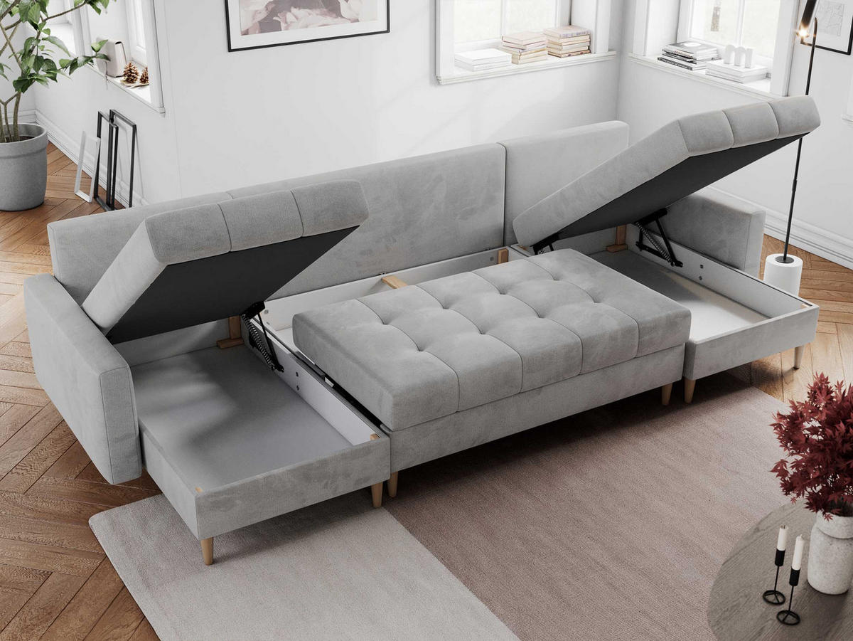 WOHNLANDSCHAFT Colin U Velvet Hellgrau - Hellgrau/Braun, Holz/Textil (290/75/140cm) - MKS
