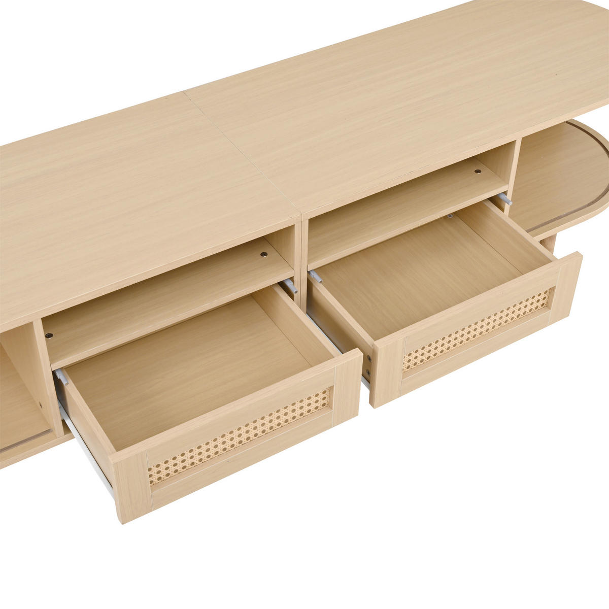TV-STÄNDER 170/40/40 cm helles Holz MDF mit 2 Rattan Schubladen und 2 Schiebetüren - Naturfarben, Holzwerkstoff (170/40/40cm) - OKWISH
