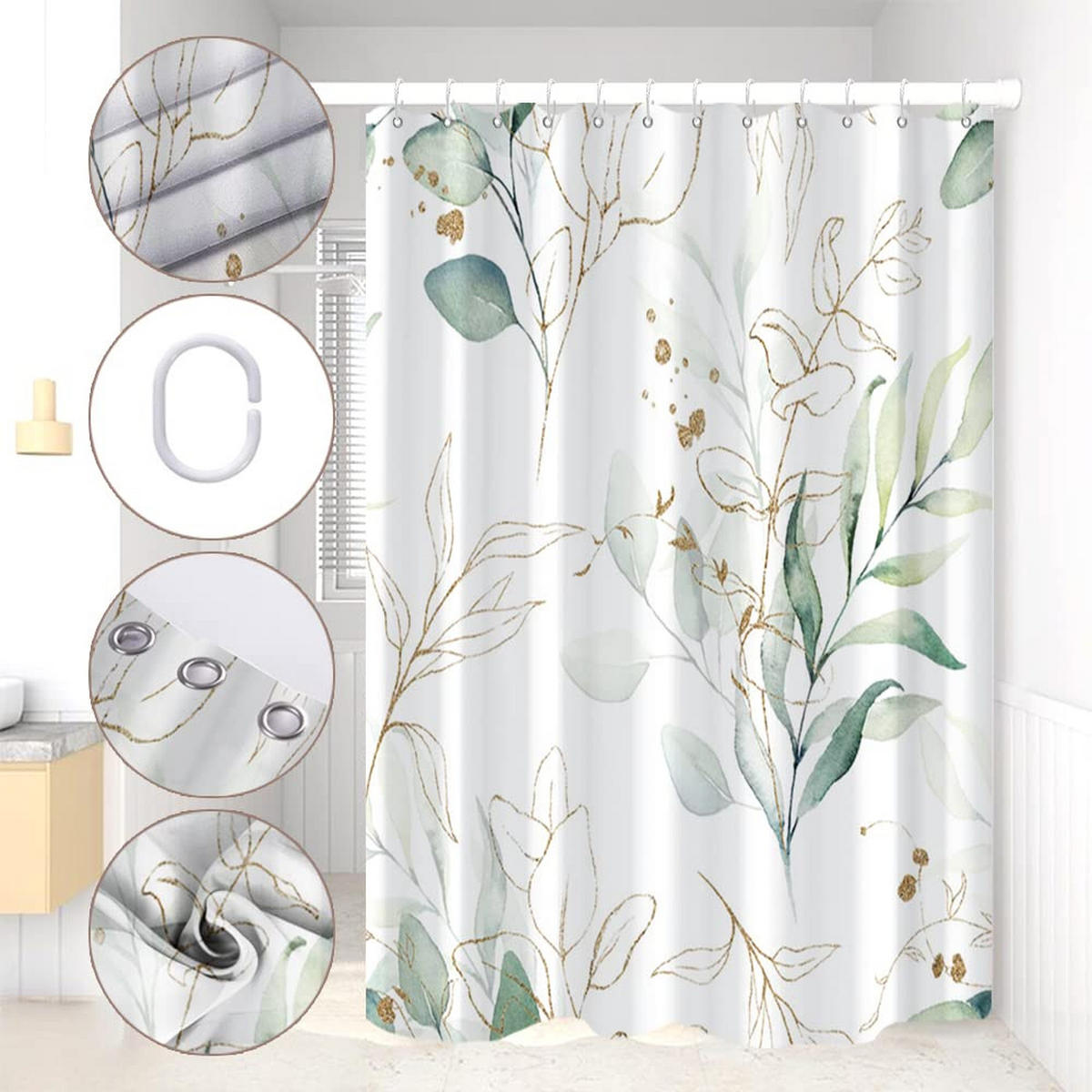 DUSCHVORHANG Blätter Grün Muster Polyester schimmelresistent mit Haken Badezimmer - Multicolor, Textil (180/180cm) - MCBOSON