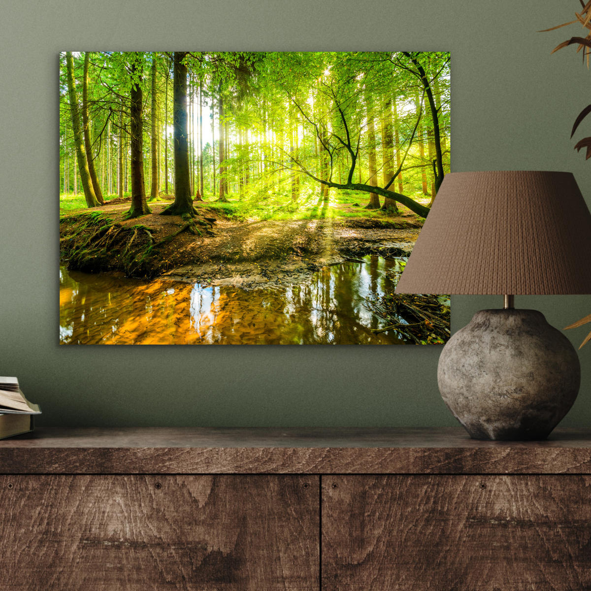 METALLBILD Wald - Landschaft - Wasser - Bäume - Sonne - Grün - Natur 40x30 cm - Grün, Metall (40/30cm) - MuchoWow