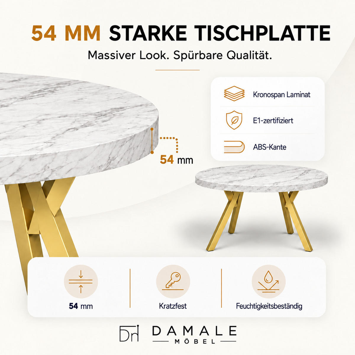 ESSTISCH rund ausziehbar 100/200/76 cm, Marmor, 54 cm Tischplatte + Y Metallgestell Gold - Goldfarben/Hellgrau, Holzwerkstoff/Metall (100/200/76cm) - Damale Möbel