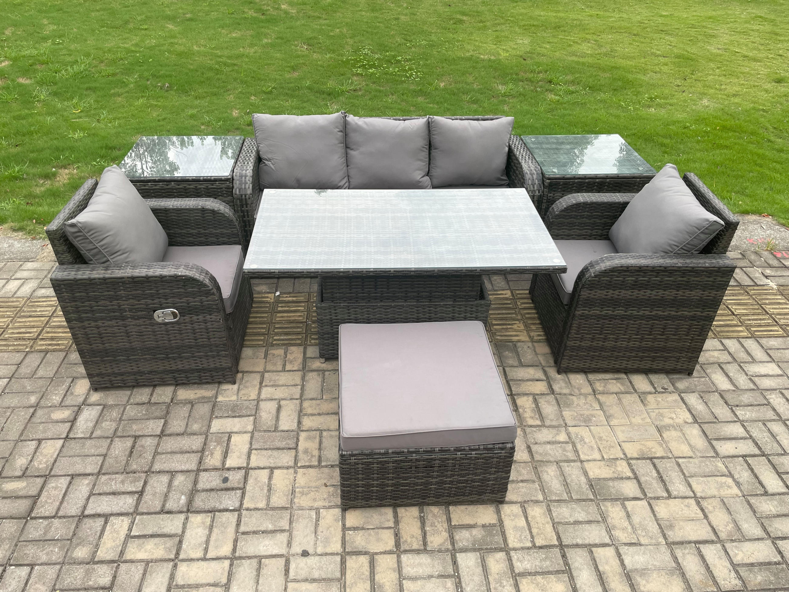 SITZGRUPPE GARTENSET Polyrattan Outdoor 6-Sitzer - Dunkelgrau/Grau, Glas/Kunststoff - Fimous