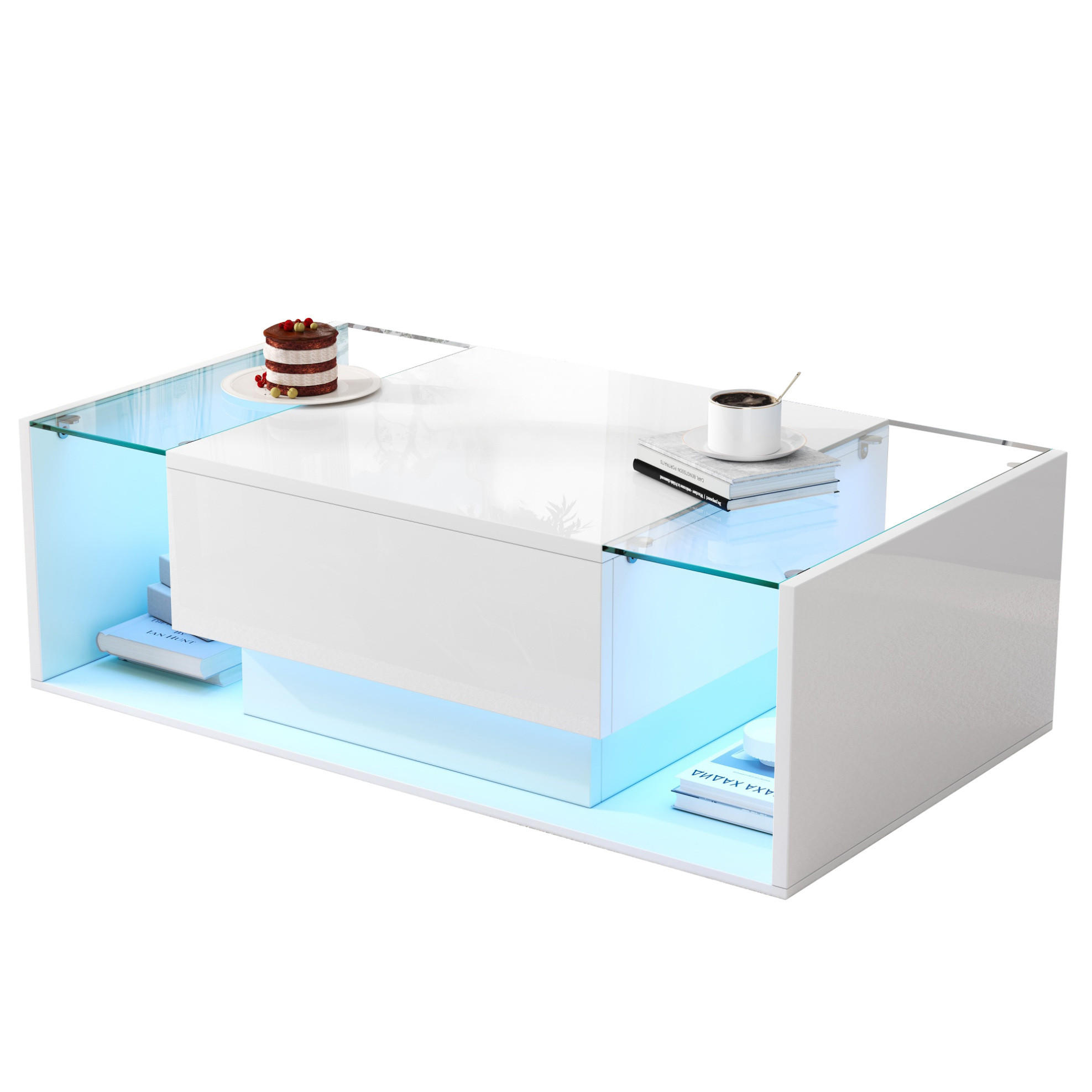 COUCHTISCH 100/50/31 cm mit Schublade, LED-Beleuchtung und gehärtetem Glas, Hochglanz, Weiß - Weiß, Holzwerkstoff (100/50/31cm) - Redom