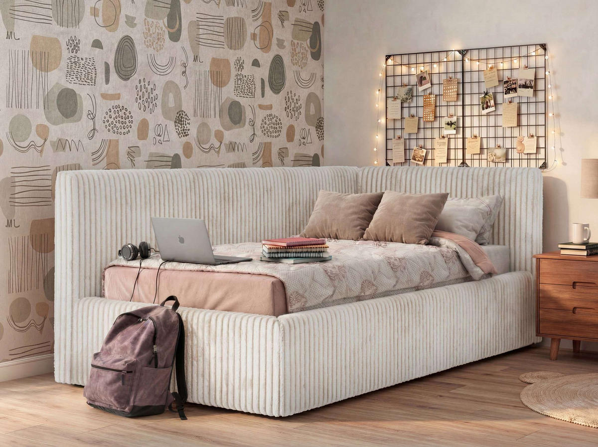 POLSTERBETT TILVO 90/200 - Beige Cord - Taschenfederkernmatratze - Rechts - Beige, Textil (200/90cm) - MKS