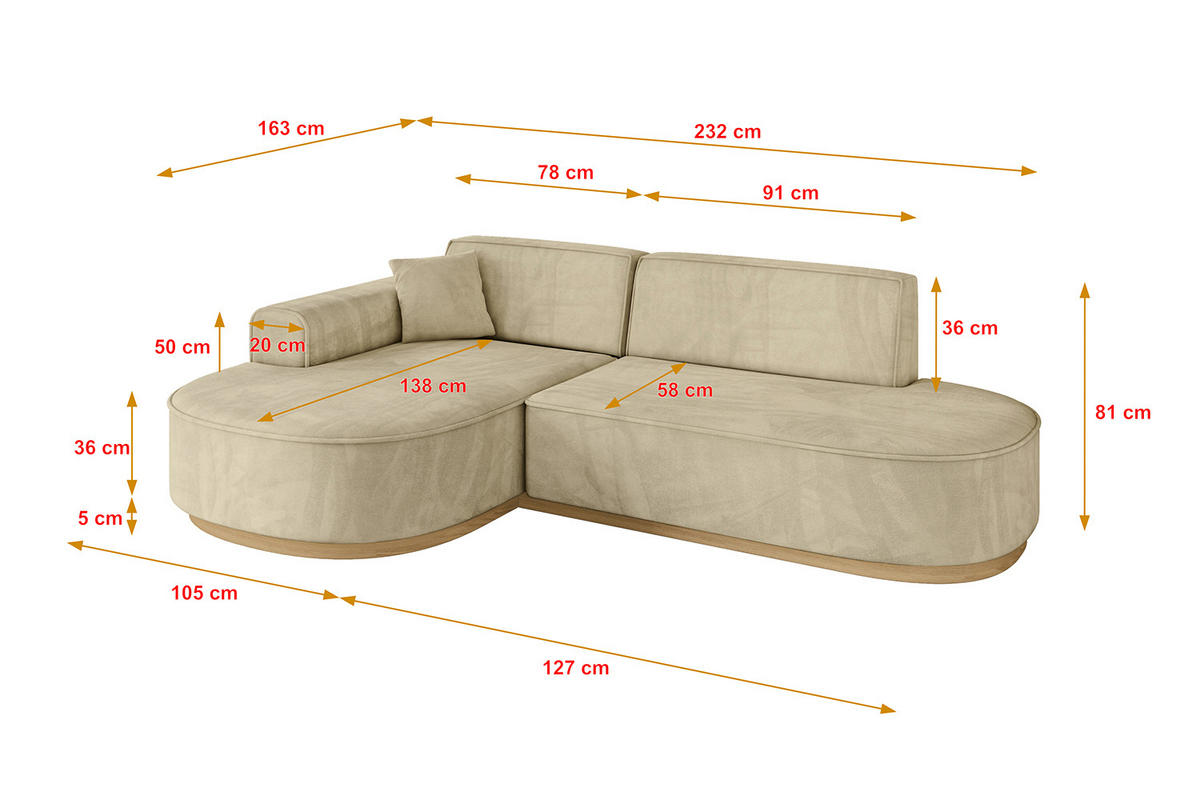 ECKSOFA Ottomane Links MARI-L1-v2 - 243x171x83 cm Beige Velours - Beige, Holzwerkstoff/Textil (243/171cm) - ALTDECOR