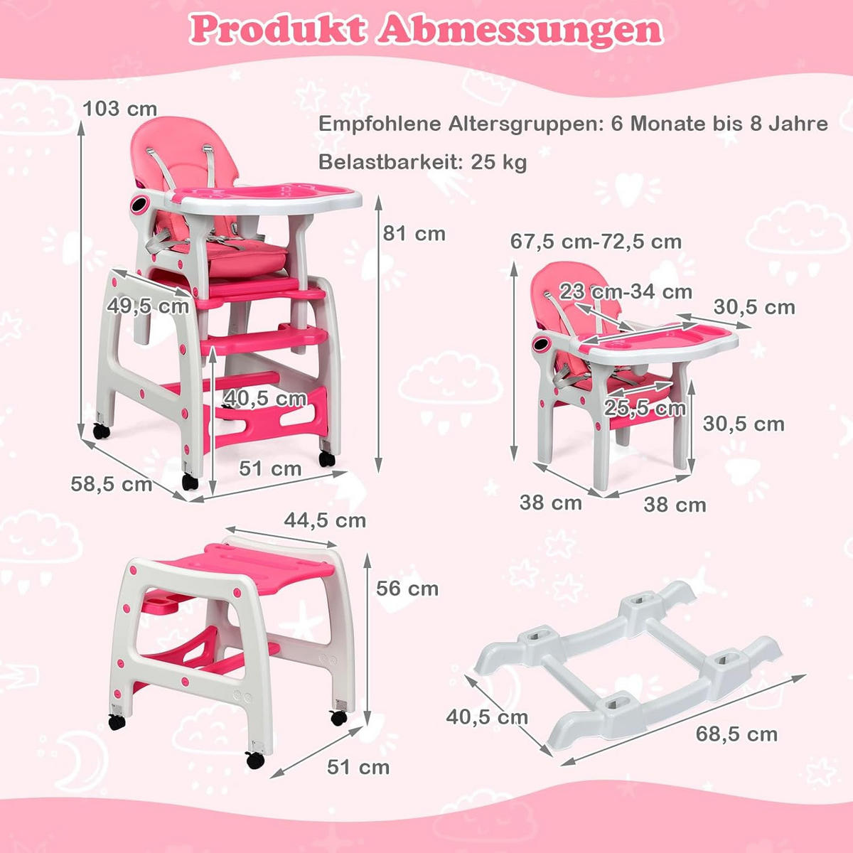 BABYHOCHSTUHL Pink - Pink, Kunststoff (51/104/62cm) - COSTWAY