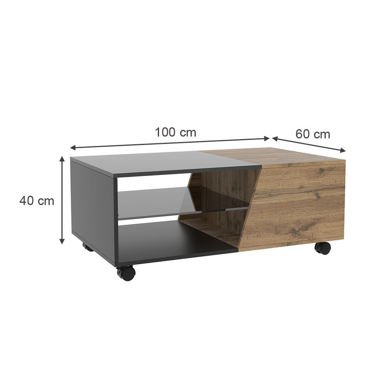 COUCHTISCH Yukon Holz 100 x 60 cm - Schwarz/Naturfarben, Holzwerkstoff (60/100/40cm) - Vicco