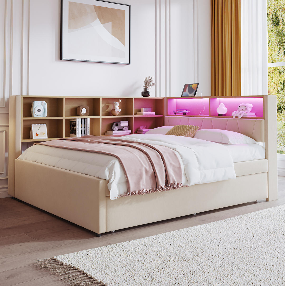 BETT mit Ausziehbett 140/200 cm & 90/190 cm mit LED-Beleuchtung und USB-Anschlüssen Flanell Beige - Beige, Textil (140/200cm) - OKWISH