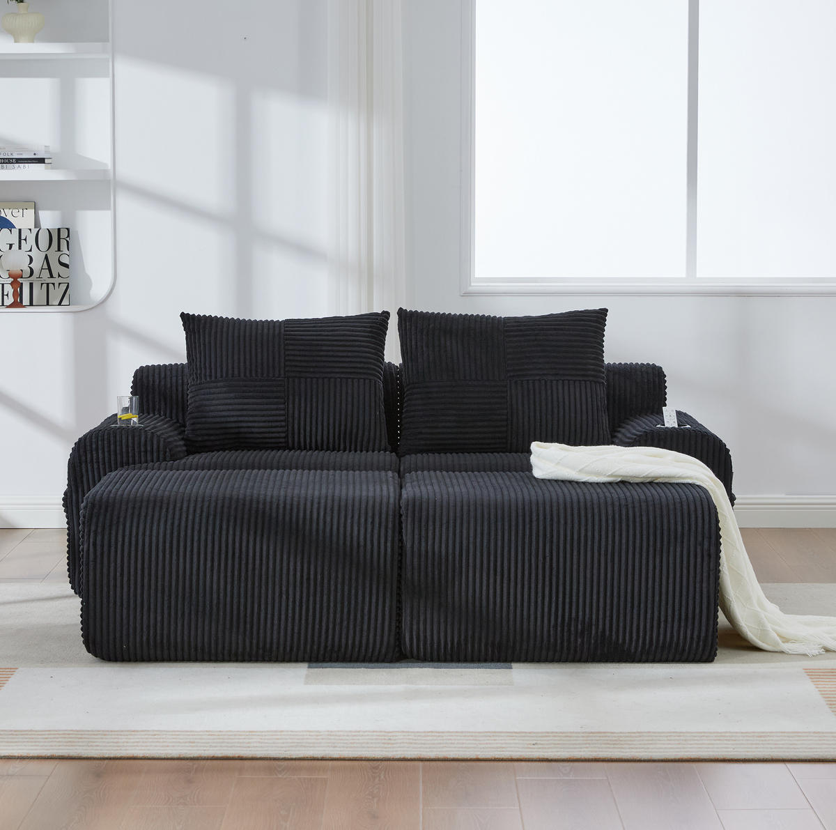 MODULARES 2-Sitzer Sofa Cordstoff mit Getränkehalter und Seitentasche 200/174/80 cm Schwarz - Schwarz, Textil (174/80/200cm) - Redom