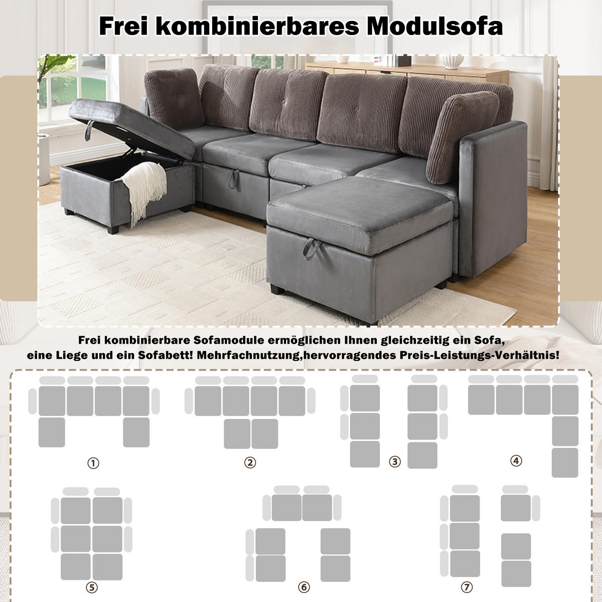 WOHNLANDSCHAFT 6-Sitzer Samt und Cord Antikgrau mit Stauraum - Grau, Holzwerkstoff/Kunststoff (261/85/132.5cm) - WISHDOR