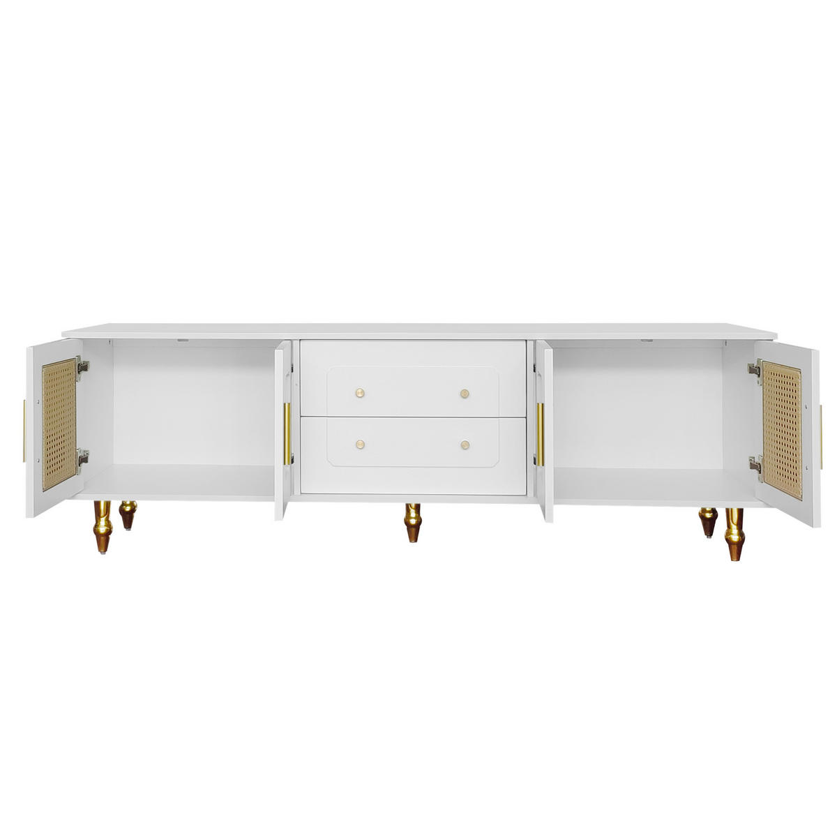 TV-LOWBOARD aus Spanplatte 175x38x55,5 cm Weiß mit PVC-Rattantüren und Push-to-Open-Schubladen - Weiß, Holzwerkstoff (175/55.5/38cm) - IVMEU