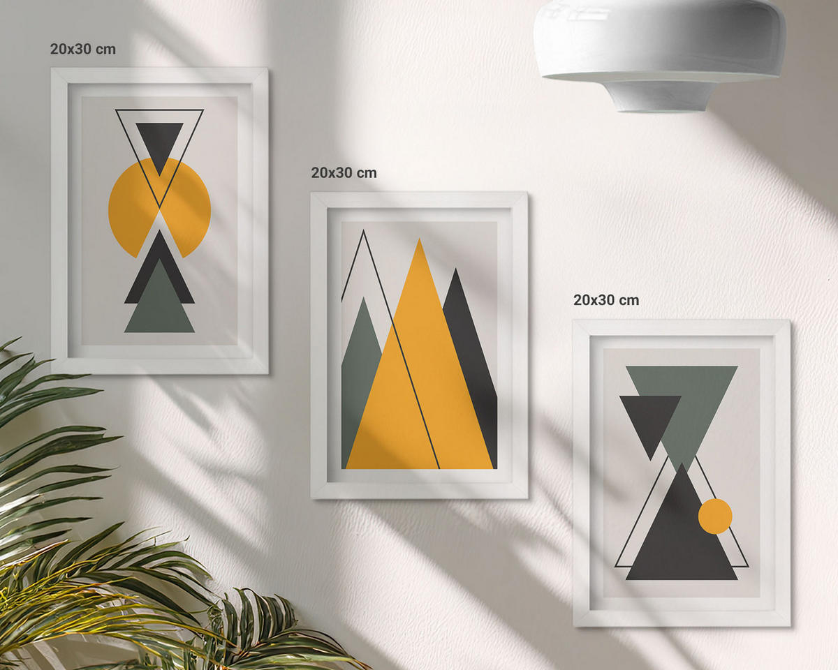 BILDER SET 3er Set - 20x30 cm Weißer Rahmen - Abstrakte geometrische Formen - Weiß, Kunststoff (20/30cm) - TULUP