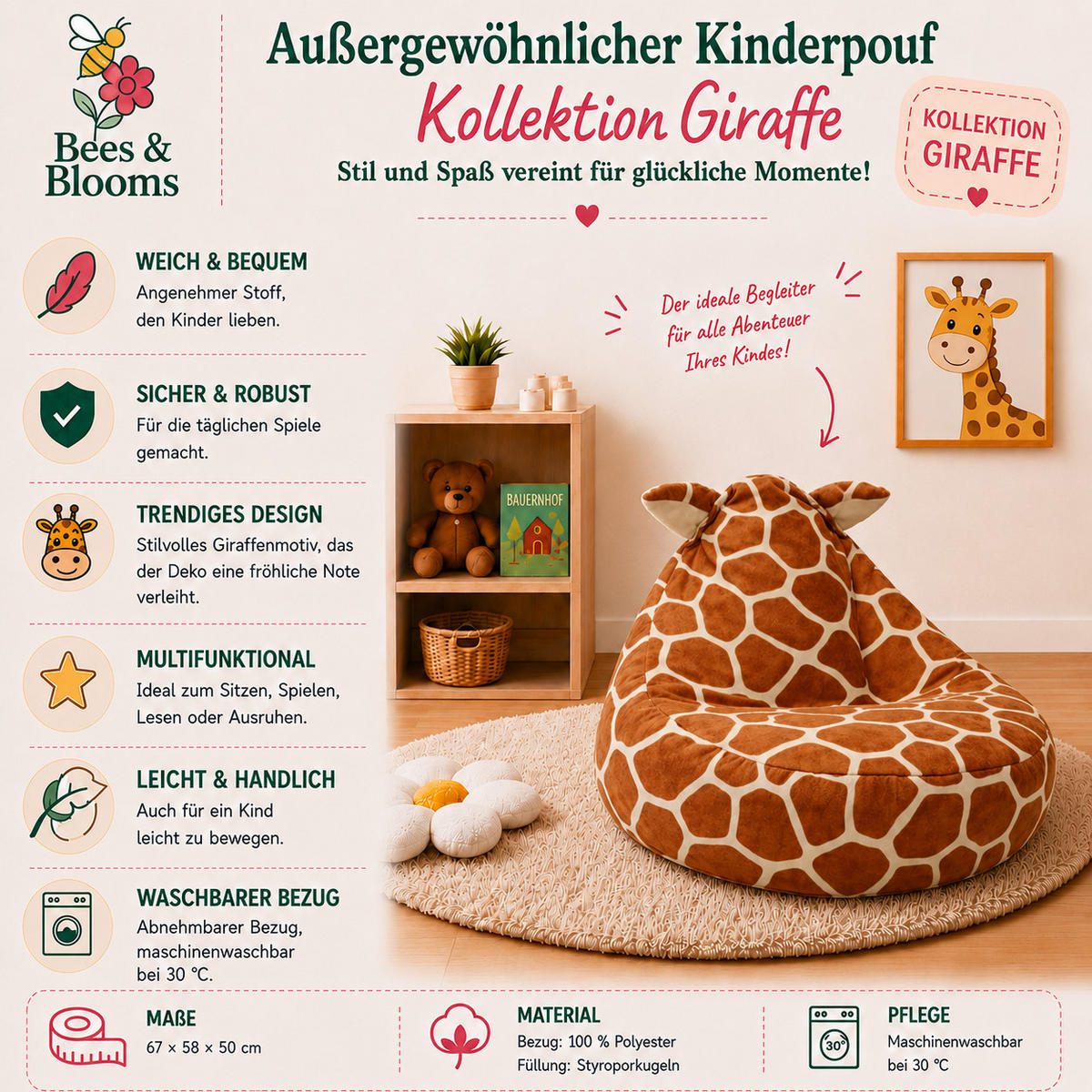 KINDER-SITZSACK Giraffe – weicher Sessel zum Spielen und Entspannen - Braun, Textil (58/50/67cm) - Bees & Blooms