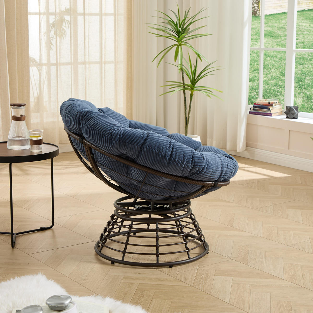 GARTEN-RELAXSESSEL Papasansessel, 360° drehbar,Rattan, Cord, Blau - Blau, Textil (60/67/92cm) - LVHOM