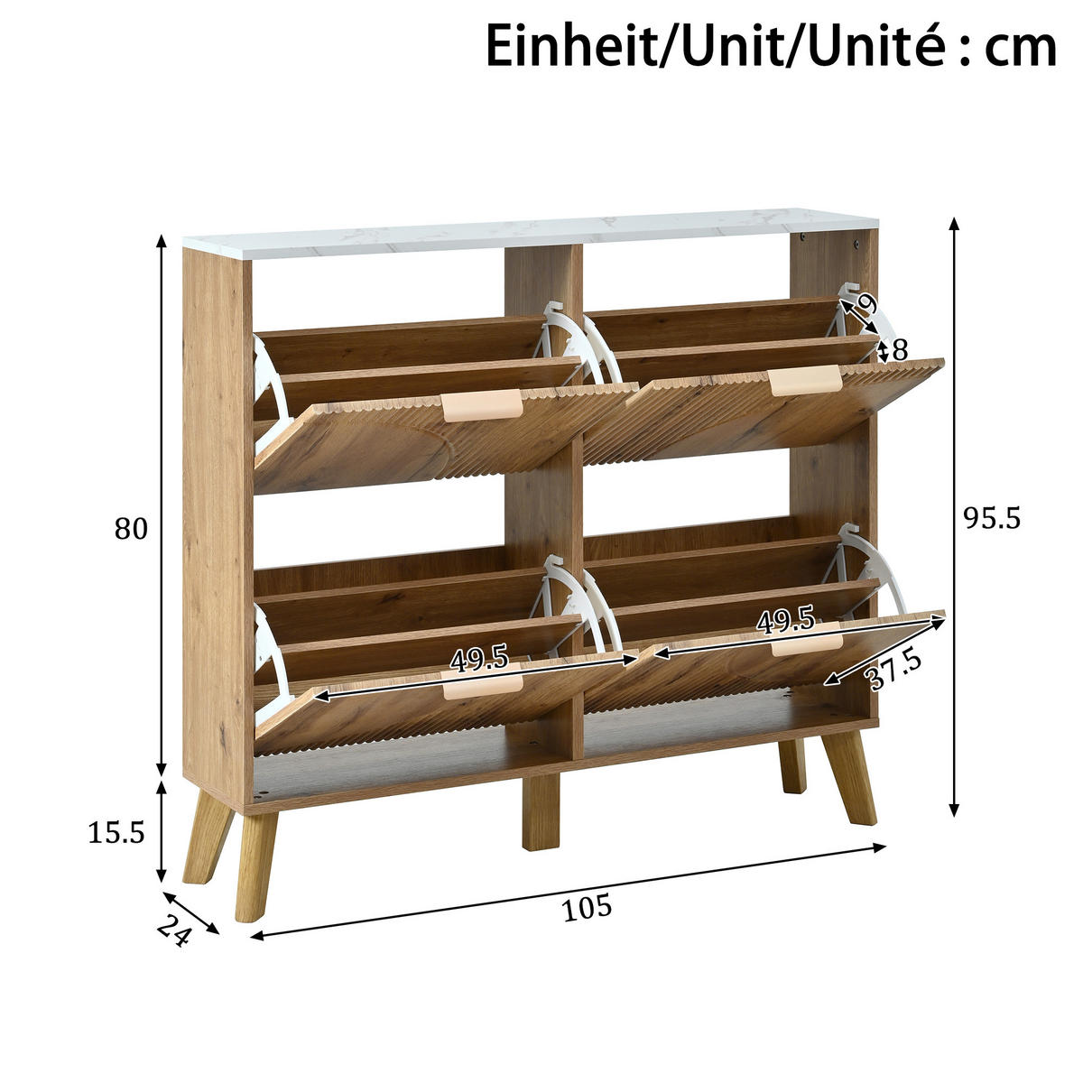 SCHUHSCHRANK aus MDF 105x24x95,5cm in Natur mit 4 Klapptüren - Naturfarben, Holzwerkstoff (105/95.5/24cm) - Modfu